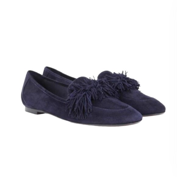 Aquazzura Wild Loafers Flats Shoes Womens 37.5 Black Pom Pom Suede Fringe 7.5